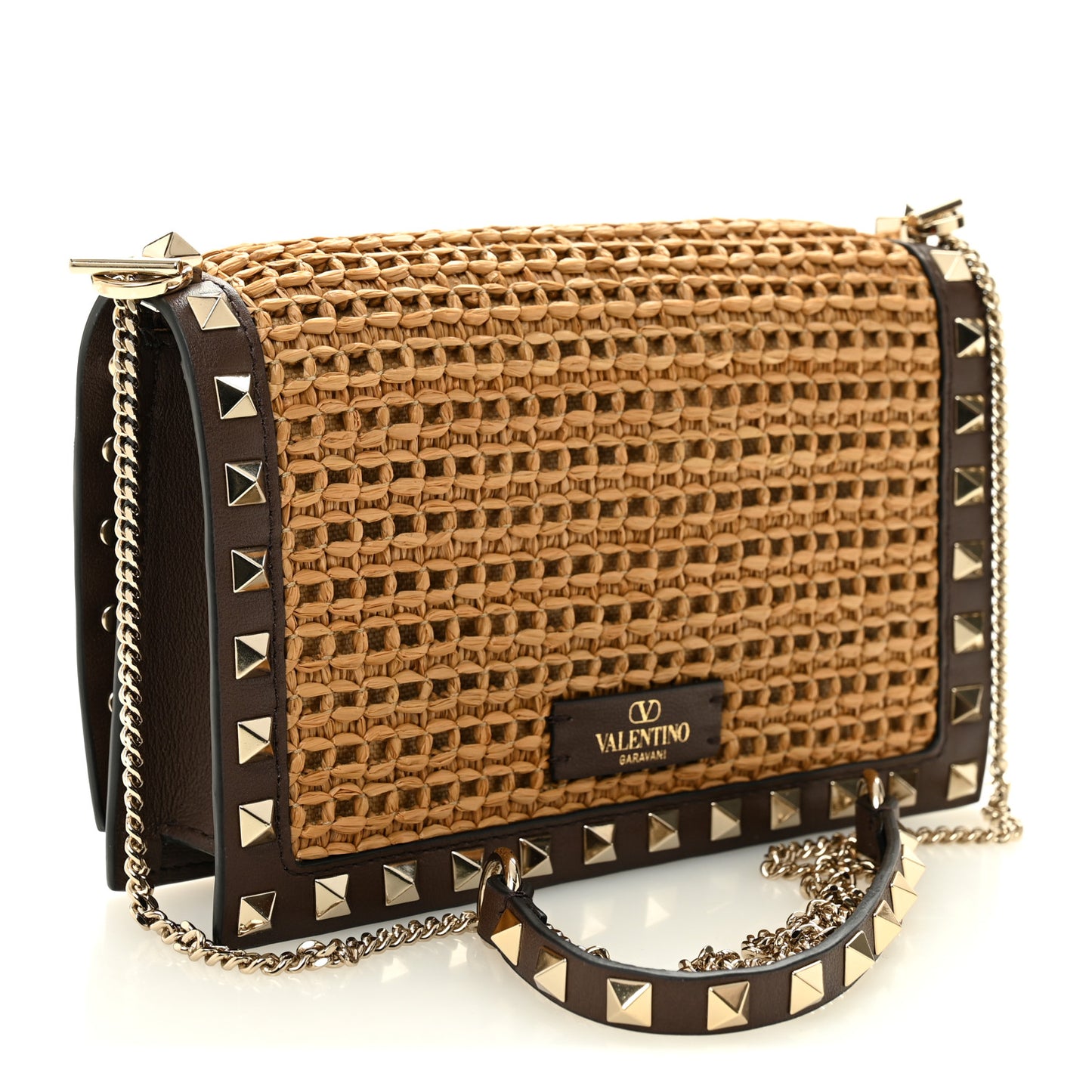 Raffia Calfskin Rockstud Wallet On Chain Pouch Natural Brown