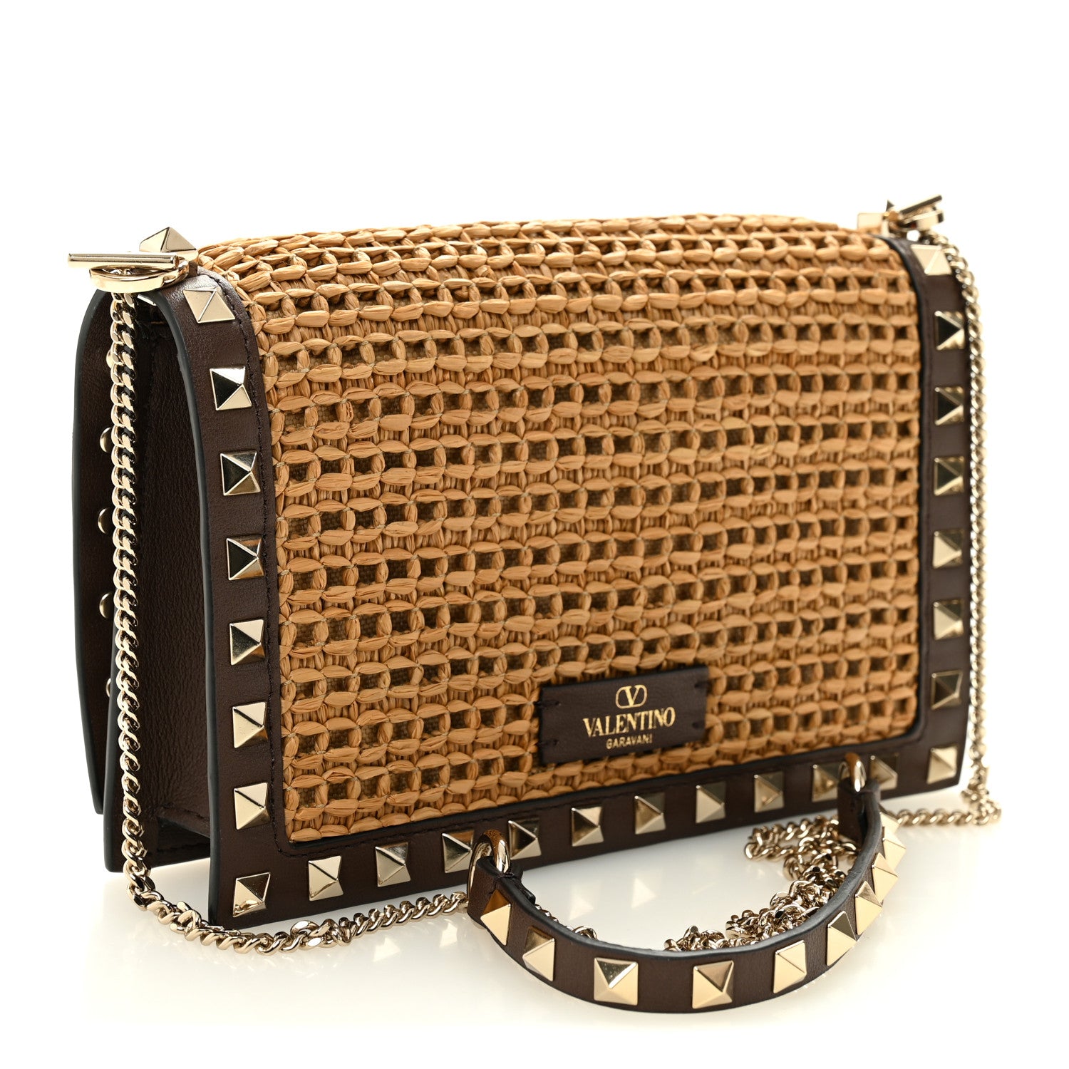 Valentino Garavani Raffia Calfskin Rockstud Wallet On Chain Pouch Natural Brown 3 of 9