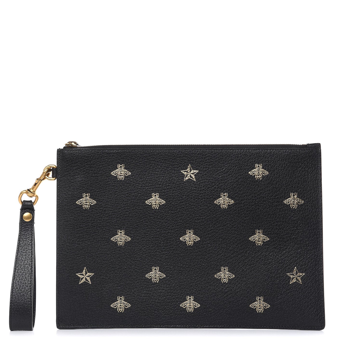 Dollar Calfskin Boar Effect Bee Star Zip Wristlet Pouch Black