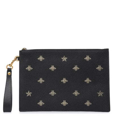 Gucci Dollar Calfskin Boar Effect Bee Star Zip Wristlet Pouch Black 1 of 8
