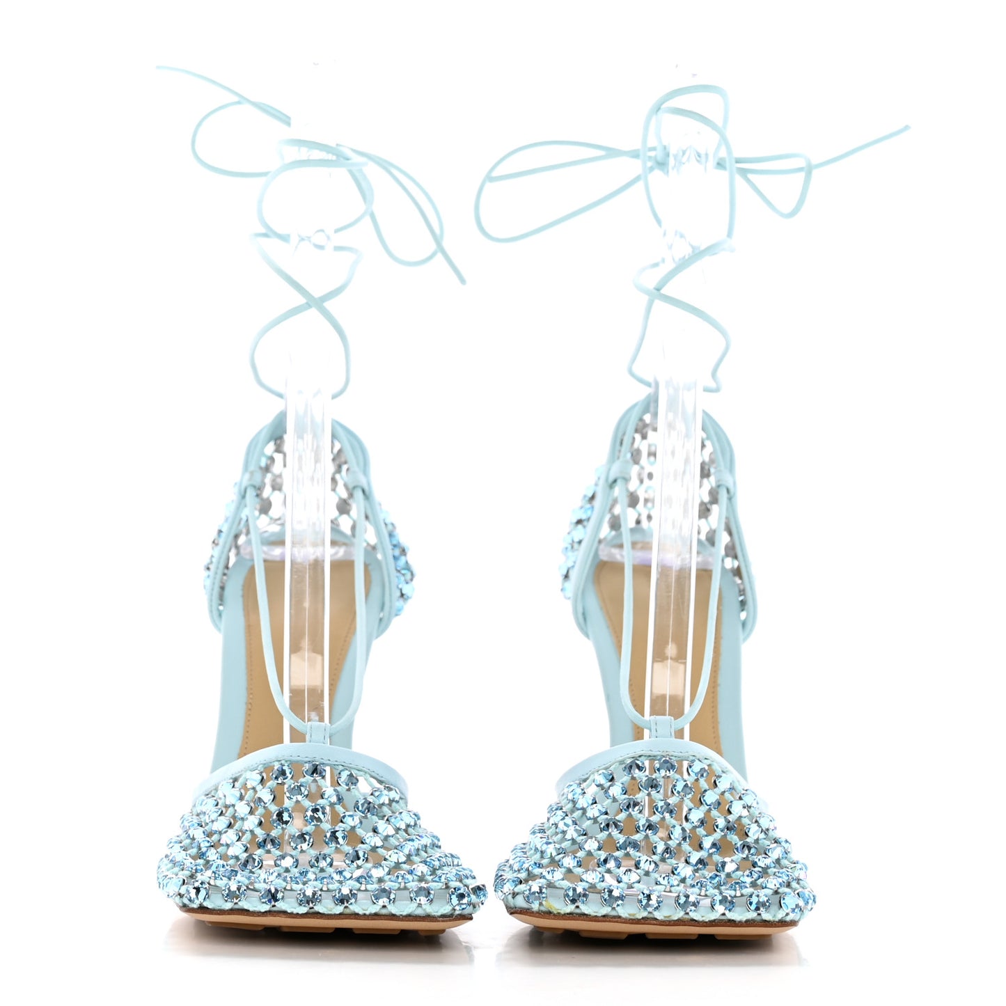 Mesh Nappa Crystal Embellished Sparkle Stretch Ankle Tie Sandals 38 Pale Blue
