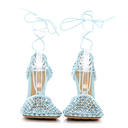 Bottega Veneta Mesh Nappa Crystal Embellished Sparkle Stretch Ankle Tie Sandals 38 Pale Blue 2 of 13