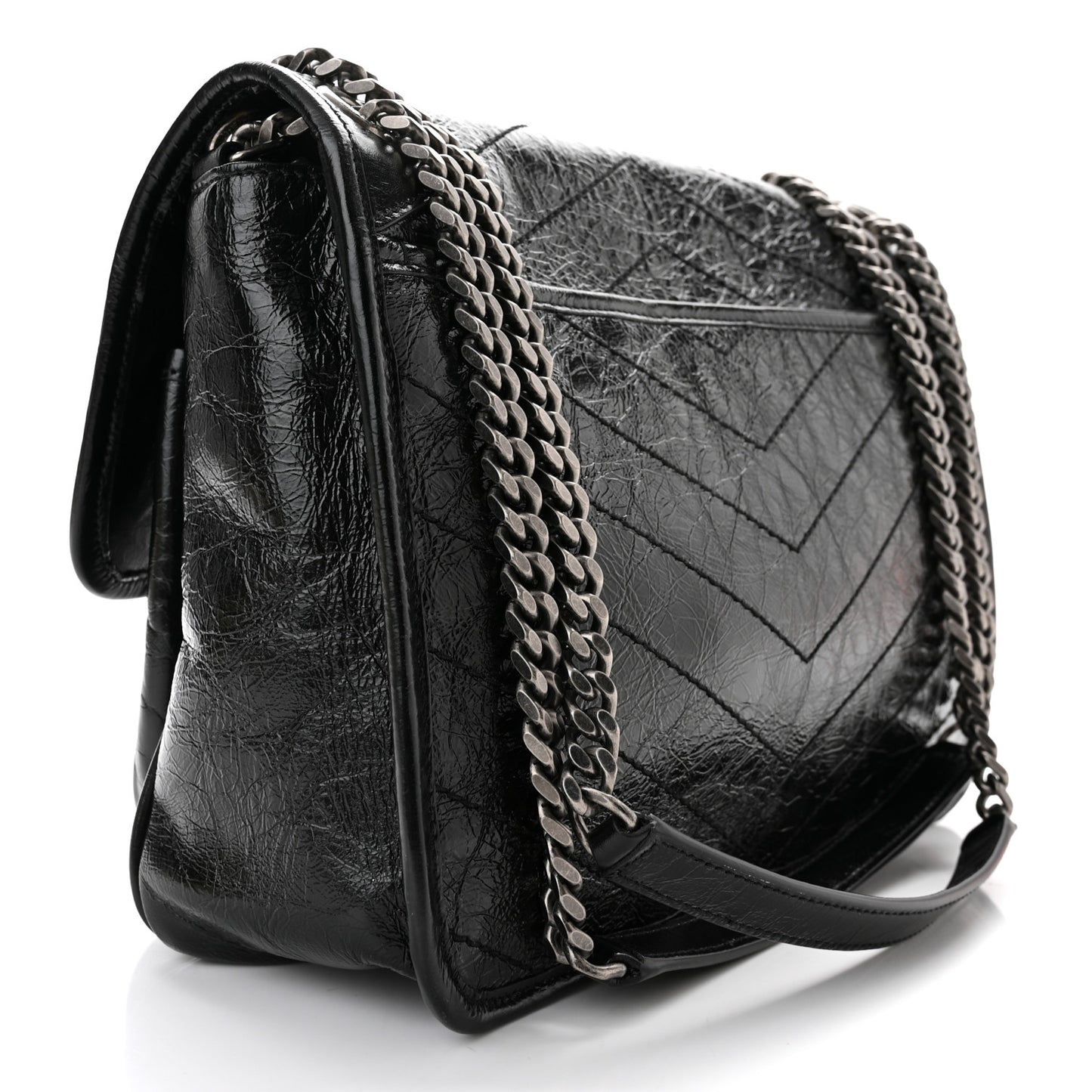 Crinkled Calfskin Matelasse Monogram Medium Niki Chain Satchel Black