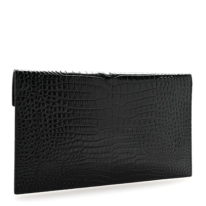Saint Laurent Calfskin Crocodile Embossed Uptown Monogram Clutch Black 3 of 15