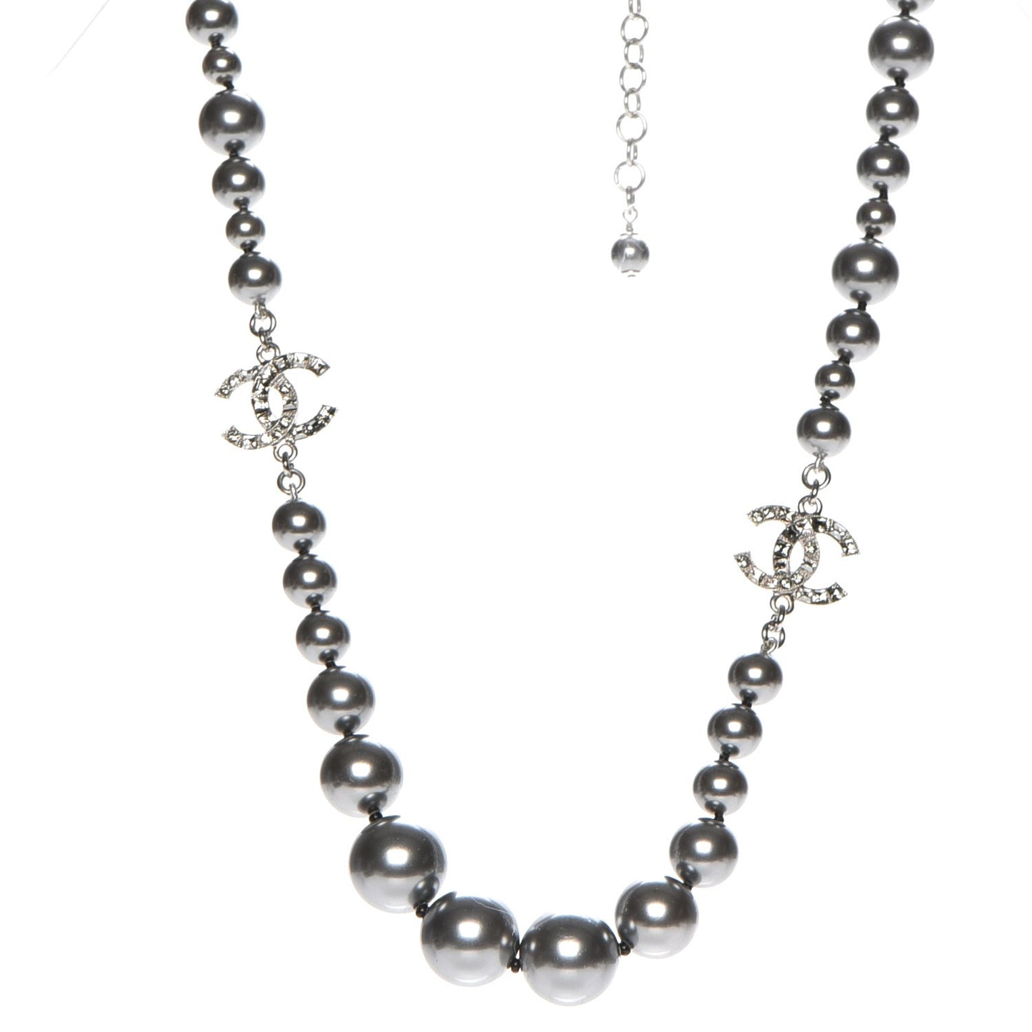 Crystal Baguette Graduated Pearl CC Short Necklace Silver Grey