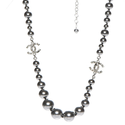 Chanel Crystal Baguette Graduated Pearl CC Short Necklace Silver Grey 2 of 6