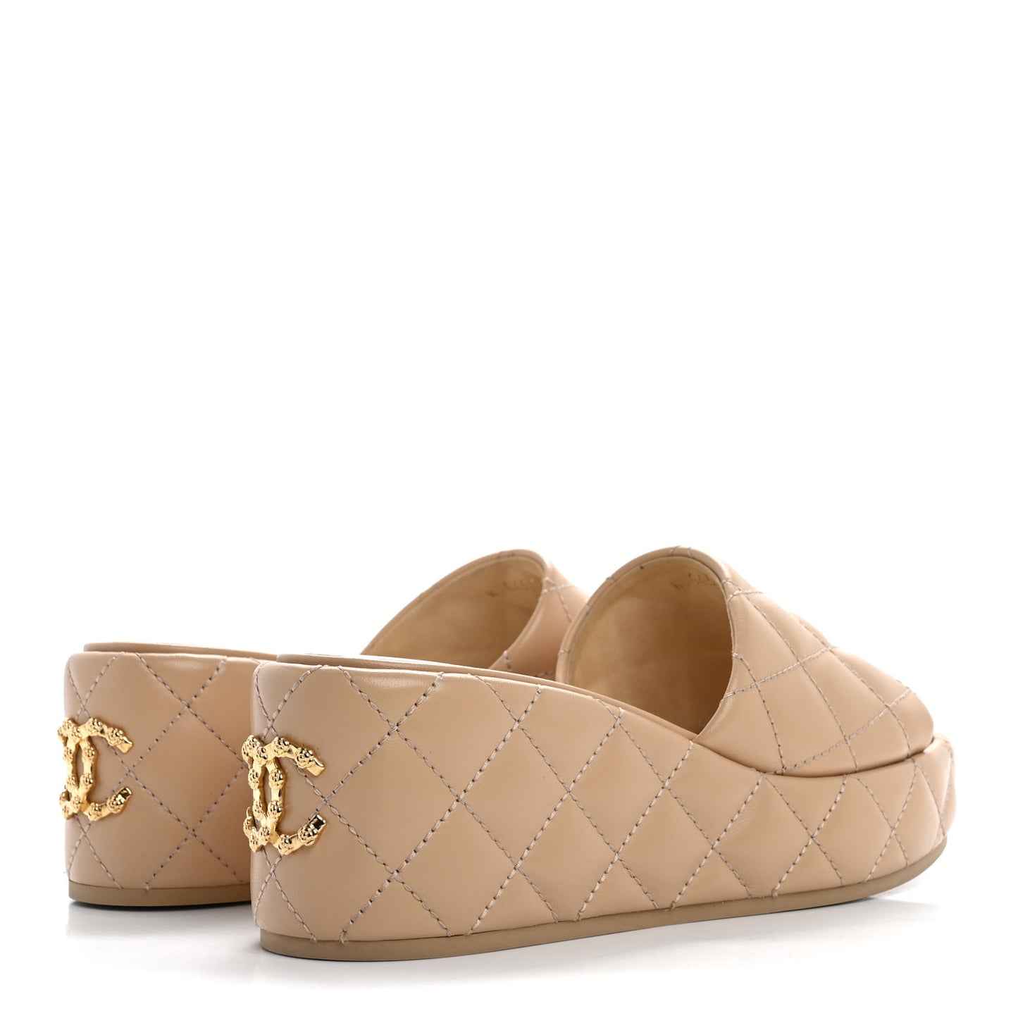 Lambskin Quilted Camelia CC Wedge Sandal Mules 39 Beige