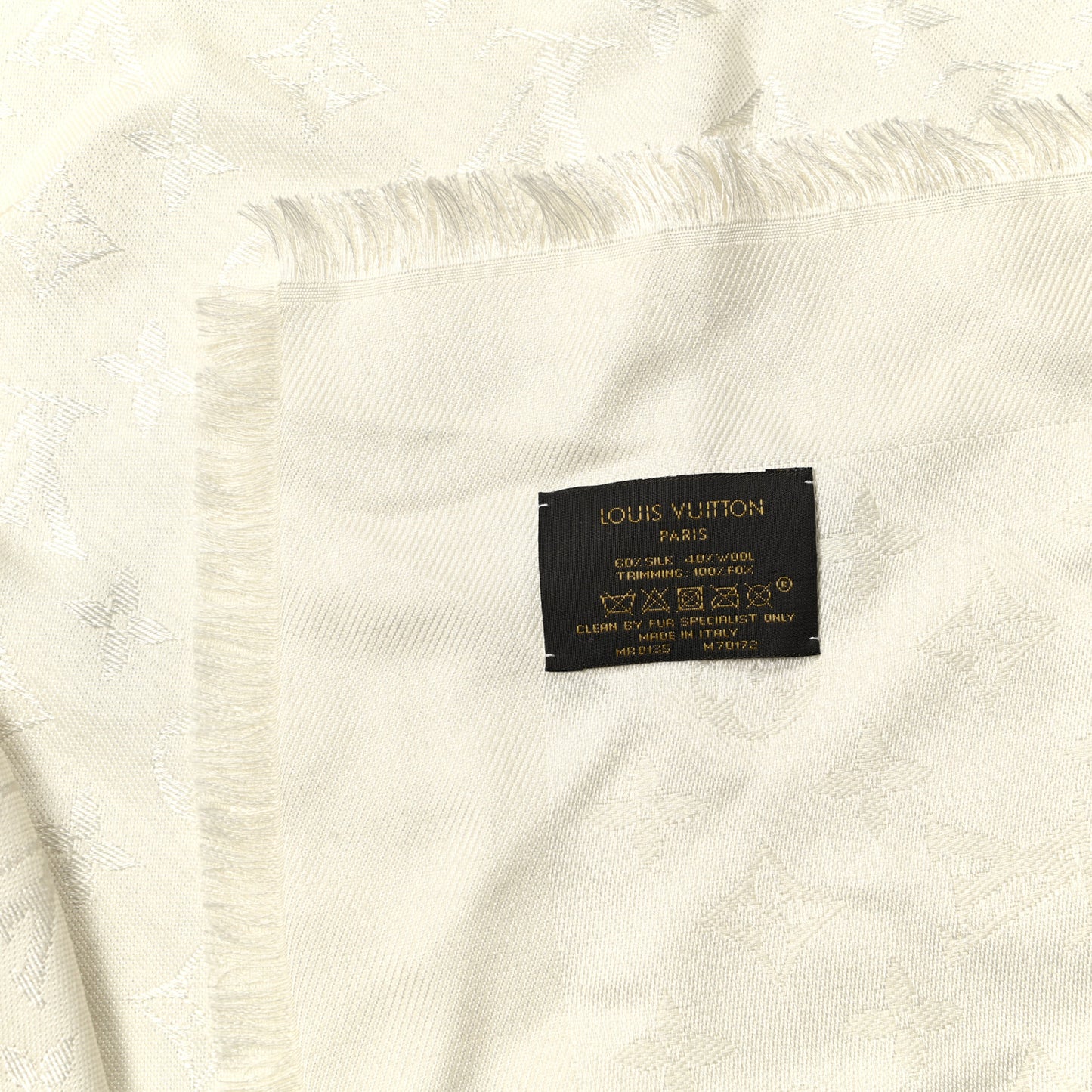 Silk Wool Monogram Fox V Fur Shawl White