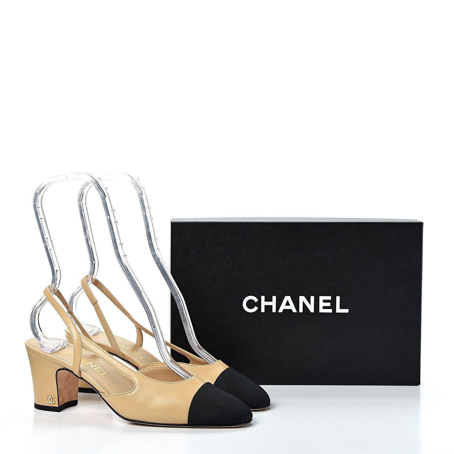 Chanel Goatskin Grosgrain Cap Toe CC Slingback Pumps 37 Beige Black 10 of 10