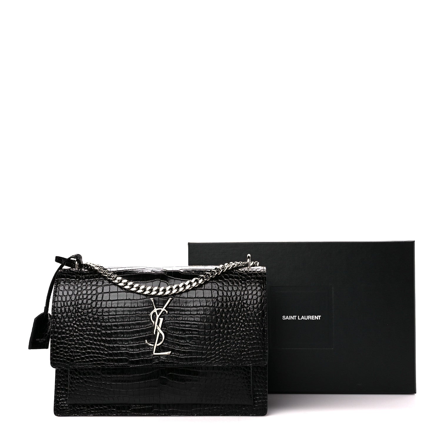 Saint Laurent Calfskin Crocodile Embossed Large Monogram Sunset Black 13 of 13