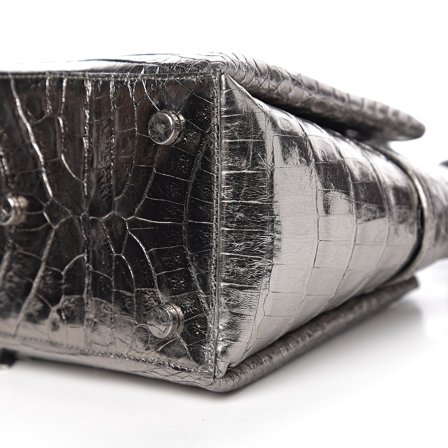 Metallic Crocodile Top Handle Shoulder Bag Silver