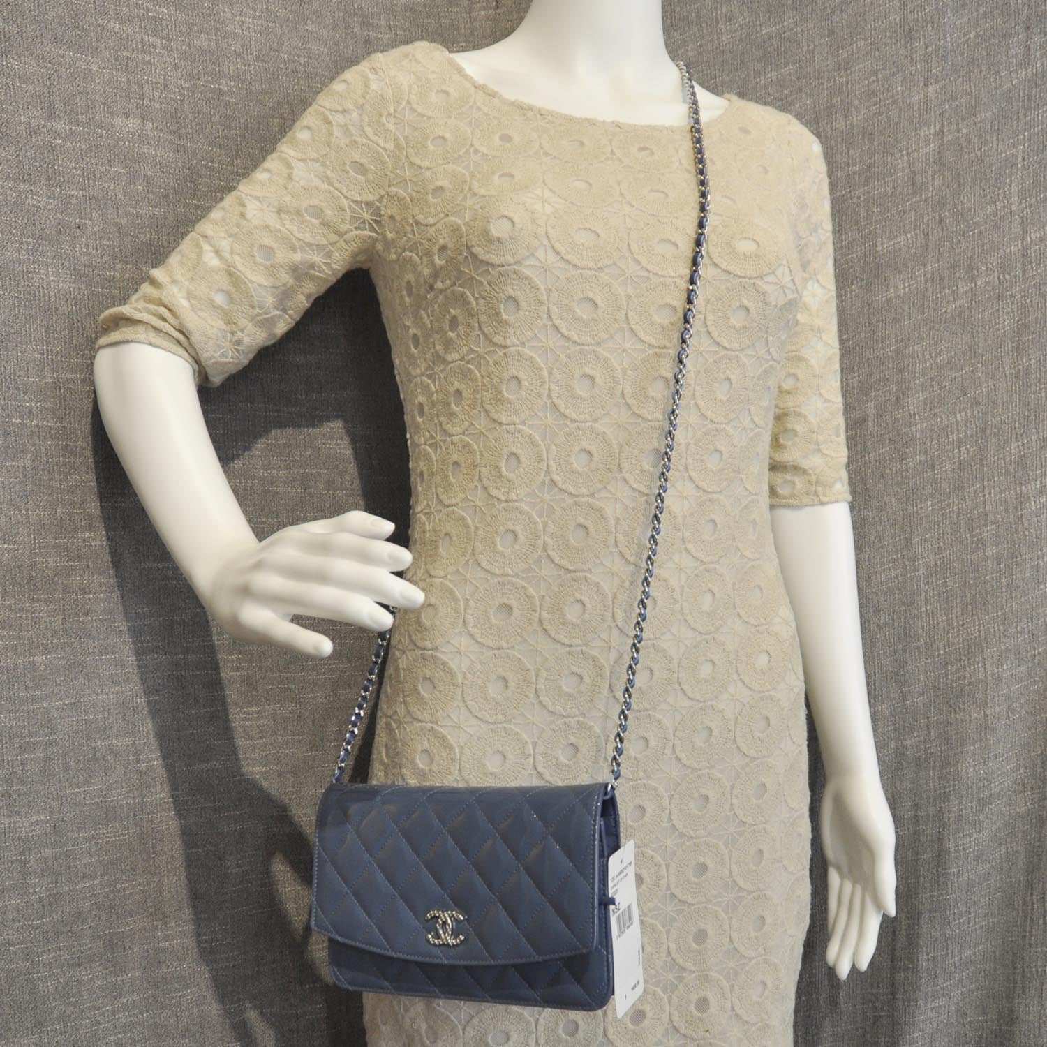 Chanel Patent Quilted Brilliant Wallet On Chain WOC Blue 12C 2 of 9