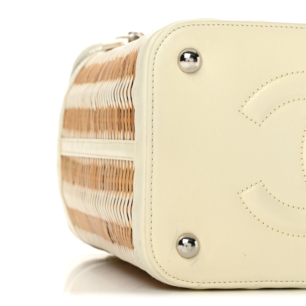 Glazed Calfskin Raffia Vanity Case Bag White Beige