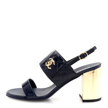 Chanel Patent Quilted CC Turnlock Sandals 38.5 Dark Blue 1 of 10