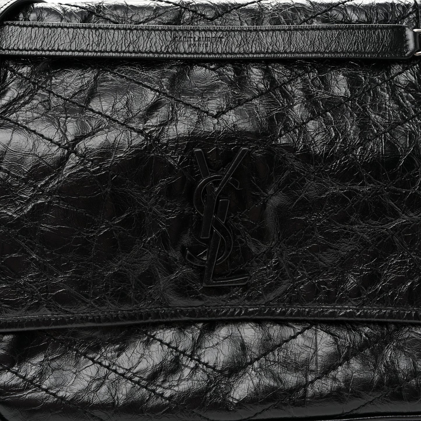 Crinkled Calfskin Matelasse Monogram Large Niki Chain Satchel Black