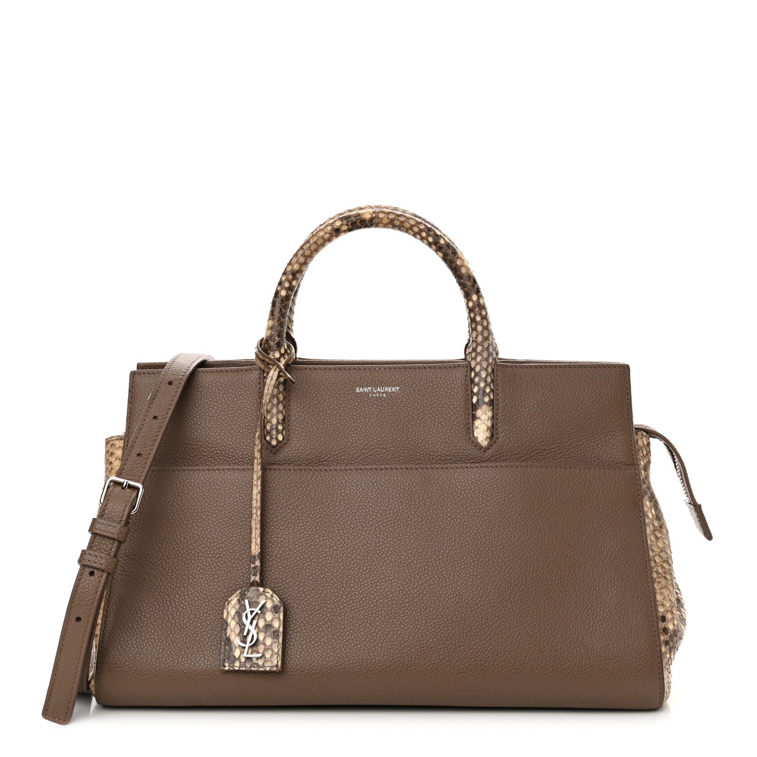 Saint Laurent Grained Calfskin Snakeskin Small Cabas Rive Gauche Taupe 1 of 19