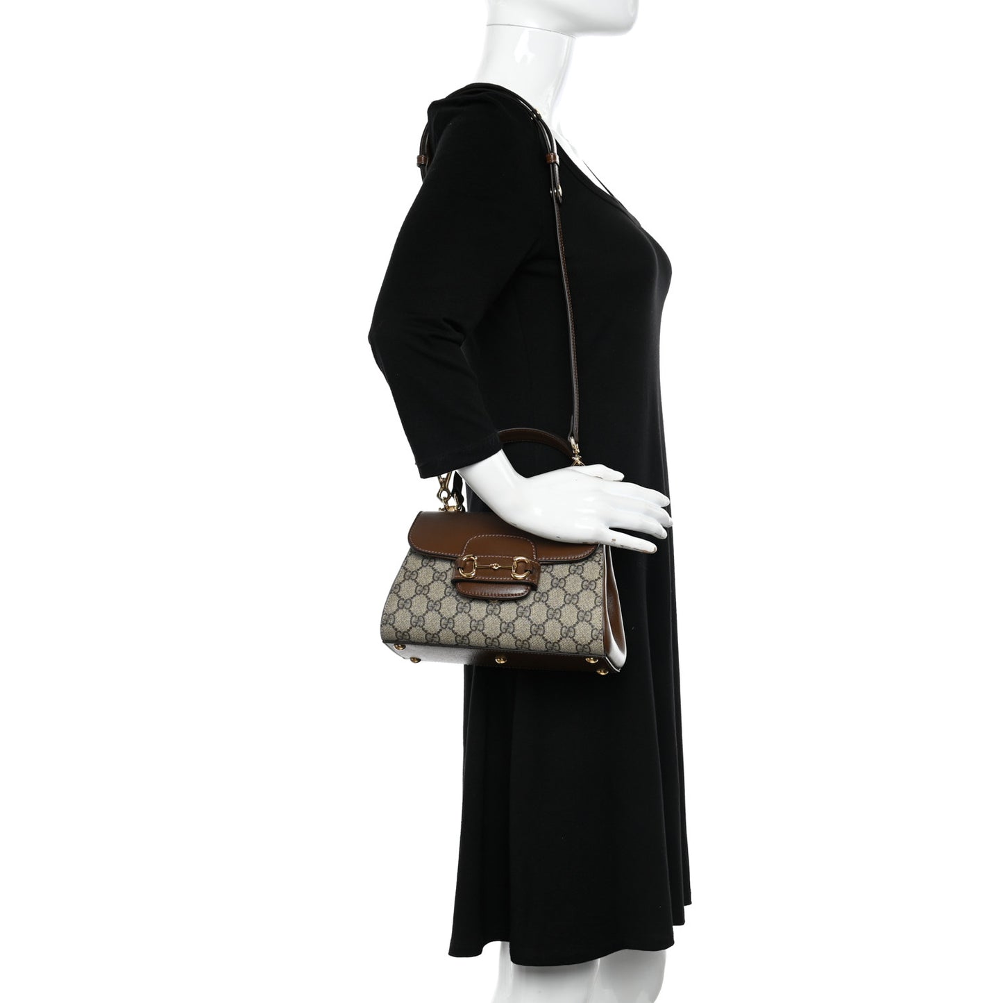 GG Supreme Monogram Azalea Calfskin Mini Horsebit 1955 Top Handle Flap Bag Beige Ebony Brown Sugar