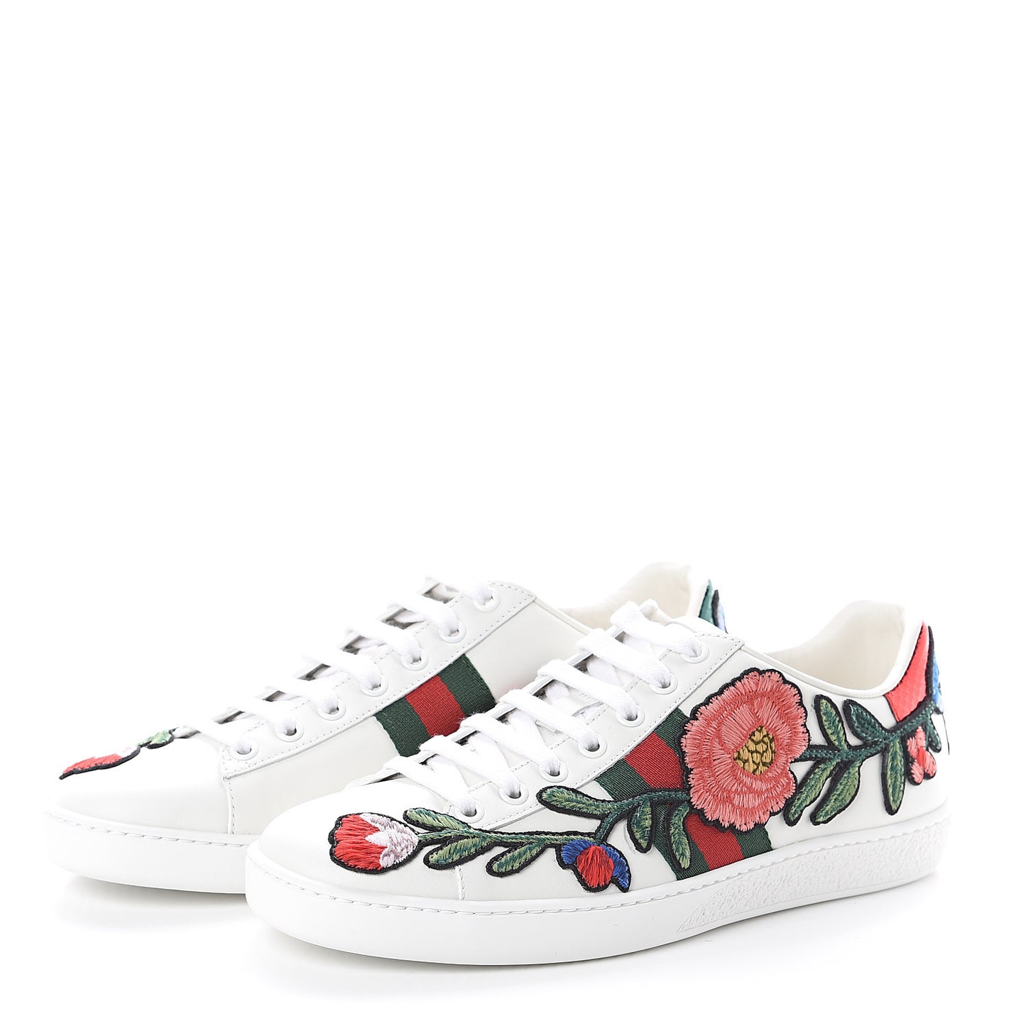 Calfskin Web Floral Embroidered Womens Ace Sneakers 37.5 White