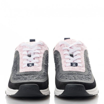Chanel Tweed Suede Calfskin CC Sneakers 38.5 Gray Pink 2 of 8