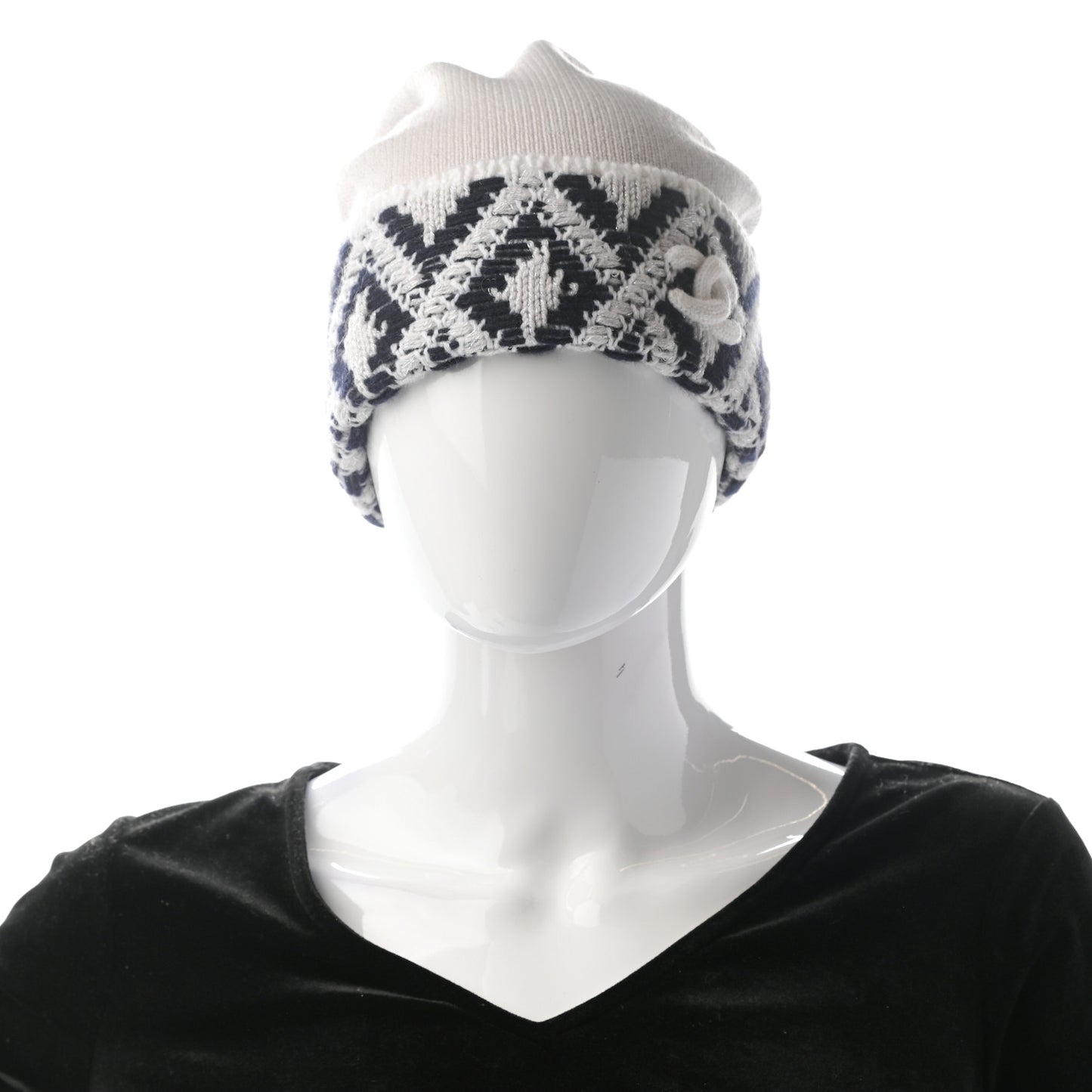 Cashmere Blend CC Beanie Hat White Navy Blue