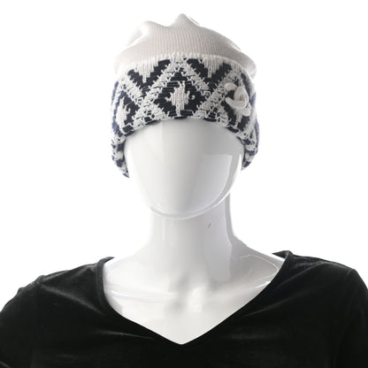 Chanel Cashmere Blend CC Beanie Hat White Navy Blue 2 of 5