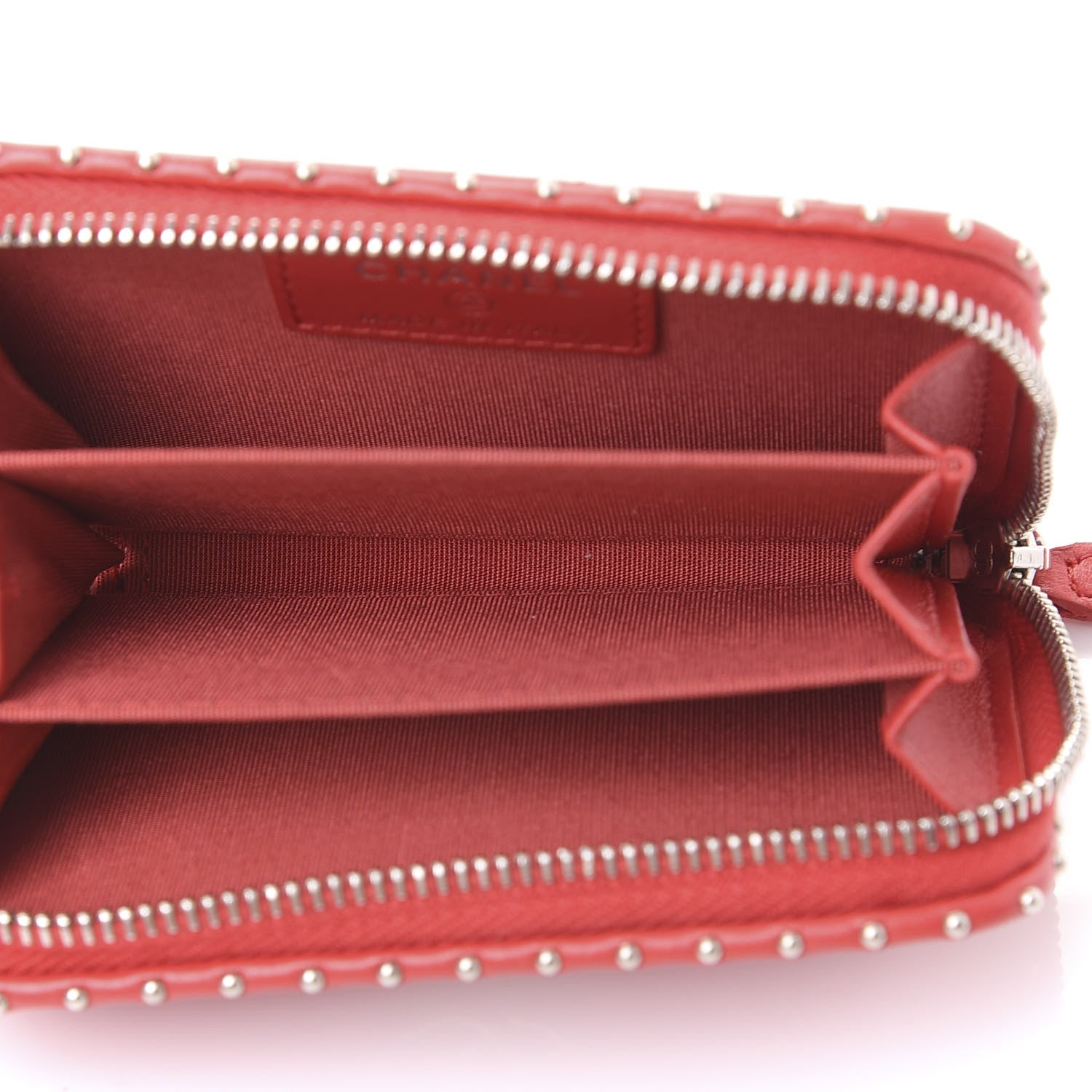 Chanel Lambskin Chevron Quilted Studded Zip Around Coin Purse Red 5 of 11