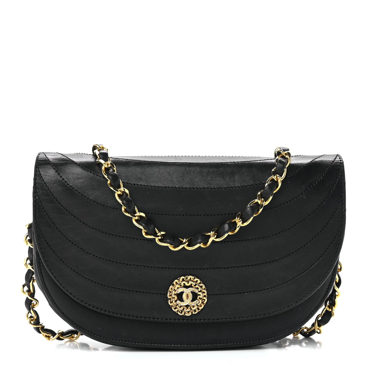 Lambskin Ribbon Stitched Small Single Flap Black