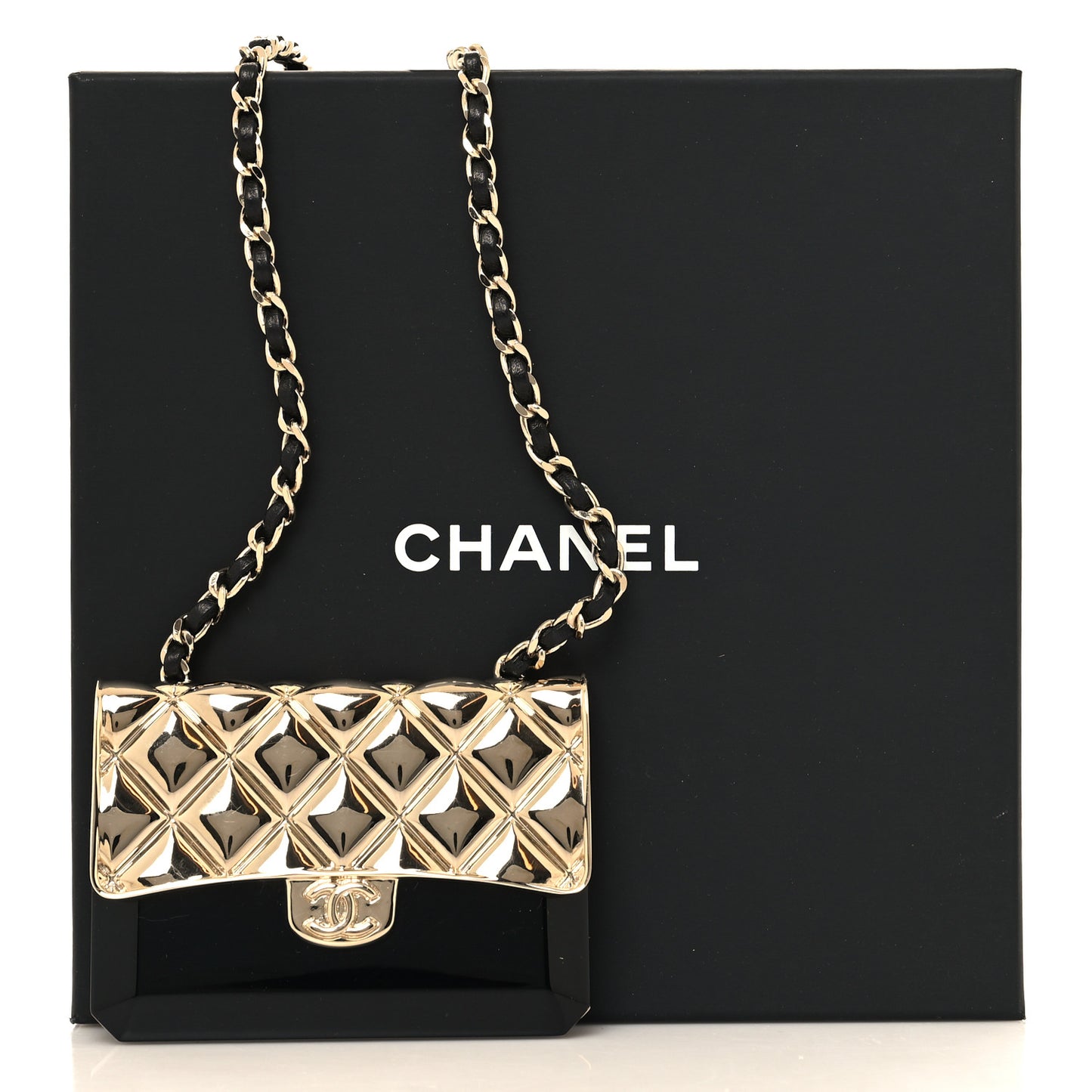 Metal Resin Lambskin Flap Bag Long Necklace Gold Black