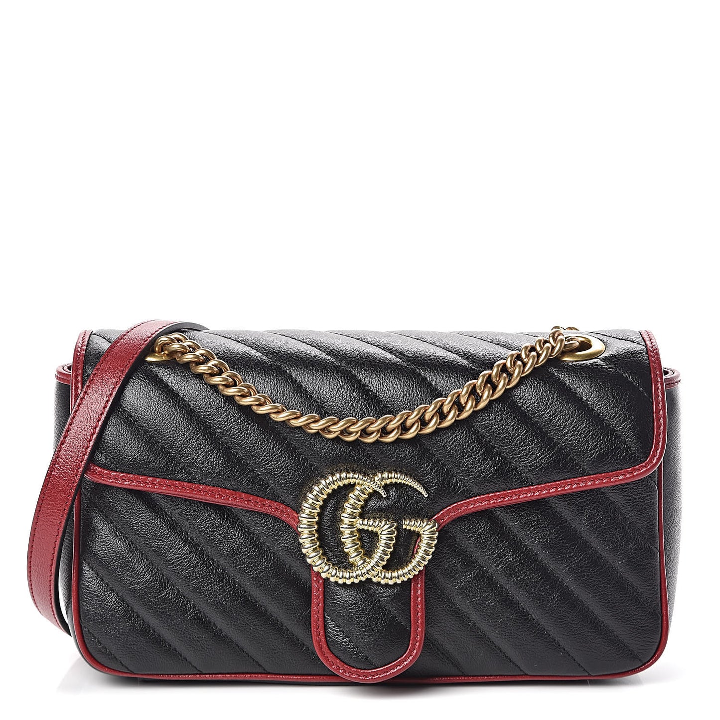 Vintage Effect Calfskin Matelasse Diagonal Small Torchon GG Marmont Shoulder Bag Black Romantic Cherry