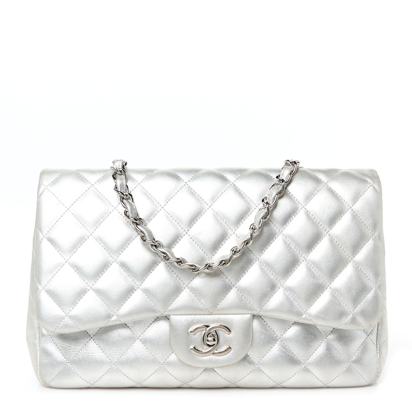 Metallic Lambskin Quilted Jumbo Single Flap Silver