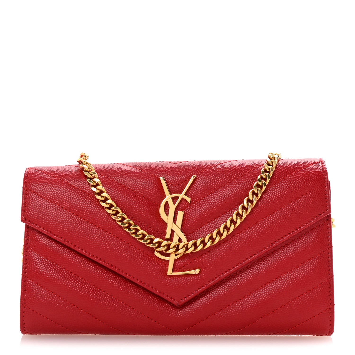 Saint Laurent Grain De Poudre Matelasse Chevron Small Monogram Chain Wallet Red 1 of 11