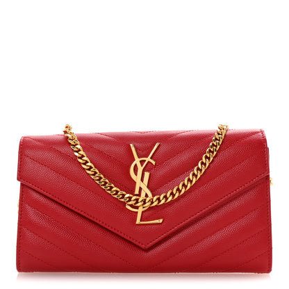 Saint Laurent Grain De Poudre Matelasse Chevron Small Monogram Chain Wallet Red 1 of 11