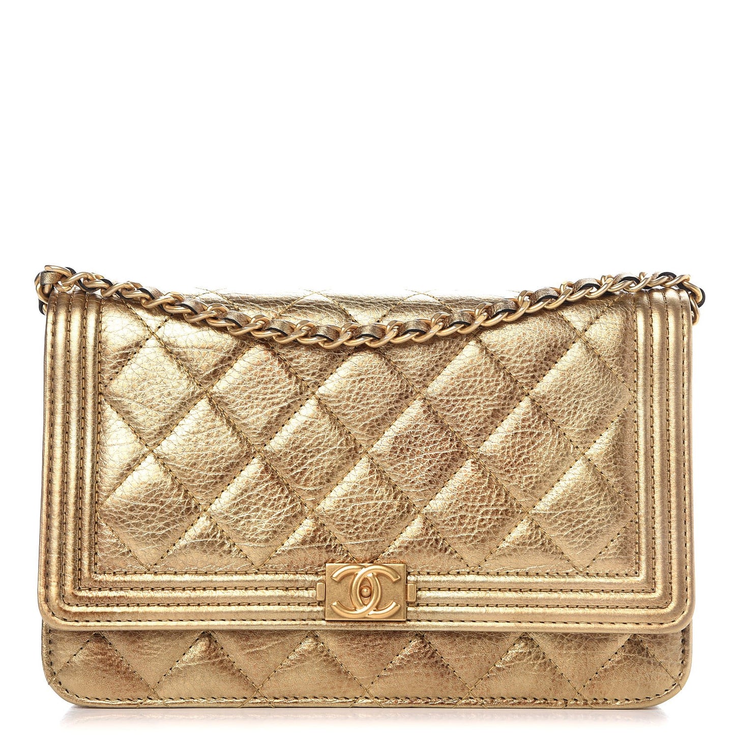 Metallic Calfskin Quilted Boy Wallet On Chain WOC Gold