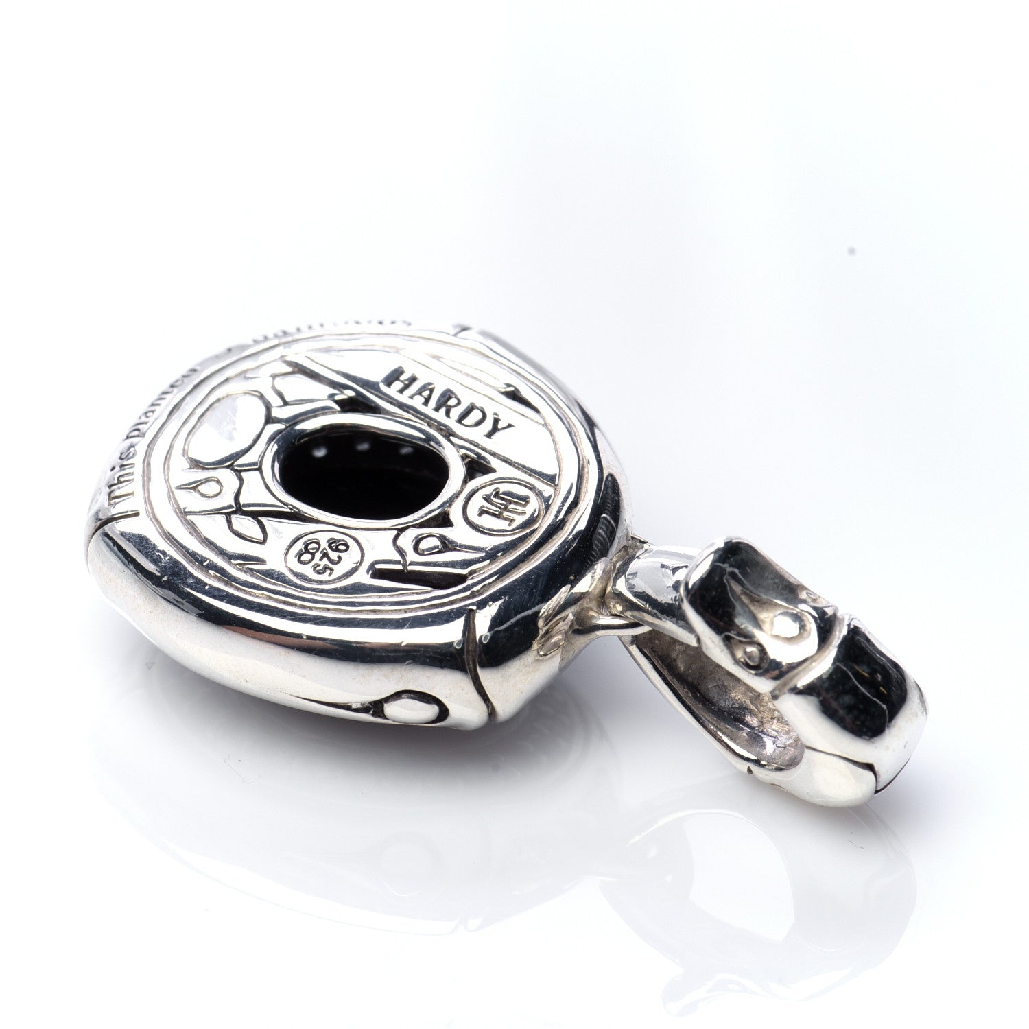 John Hardy Sterling Silver Black Onyx White Sapphire Bamboo Oval Pendant 3 of 5