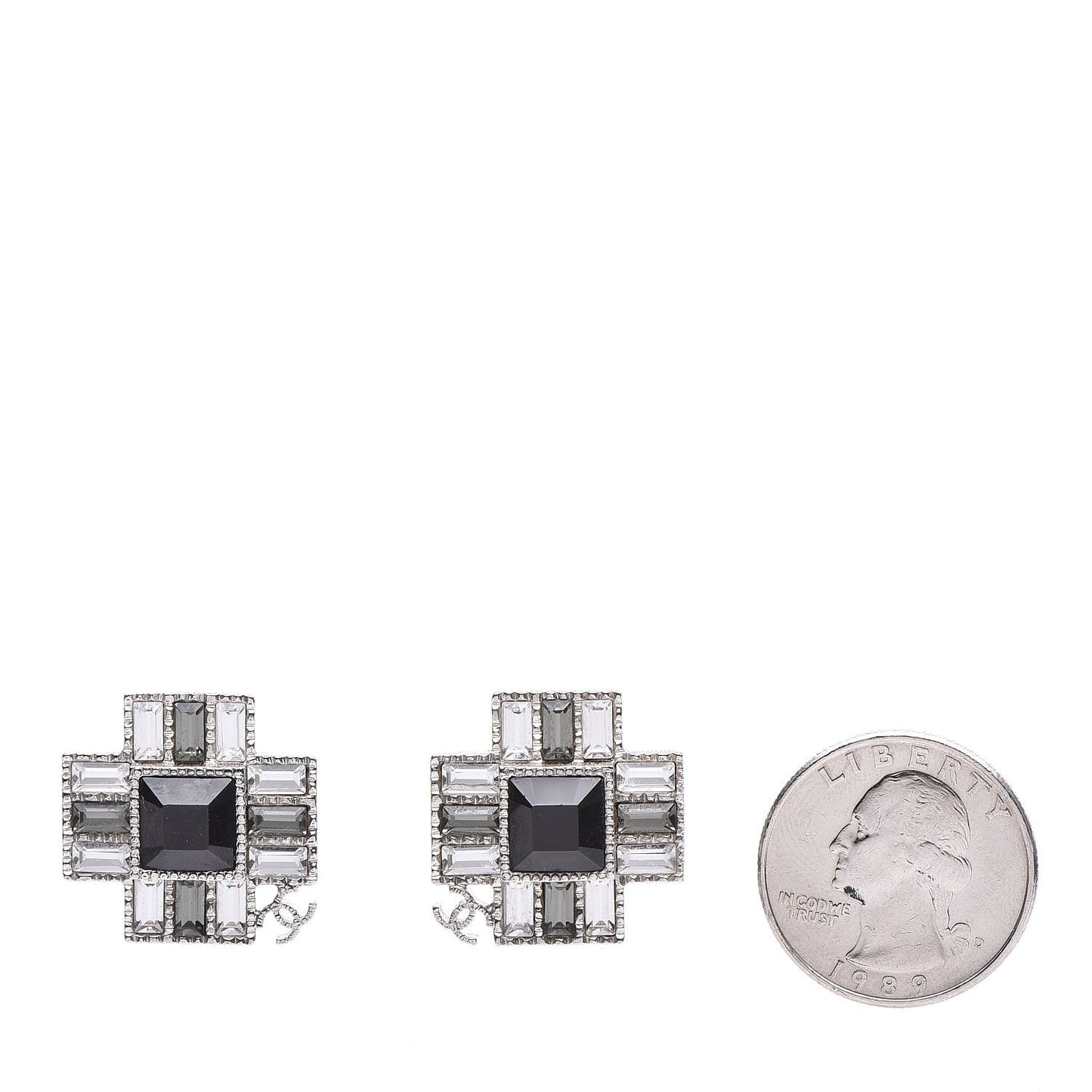 Baguette Crystal CC Earrings Silver Black