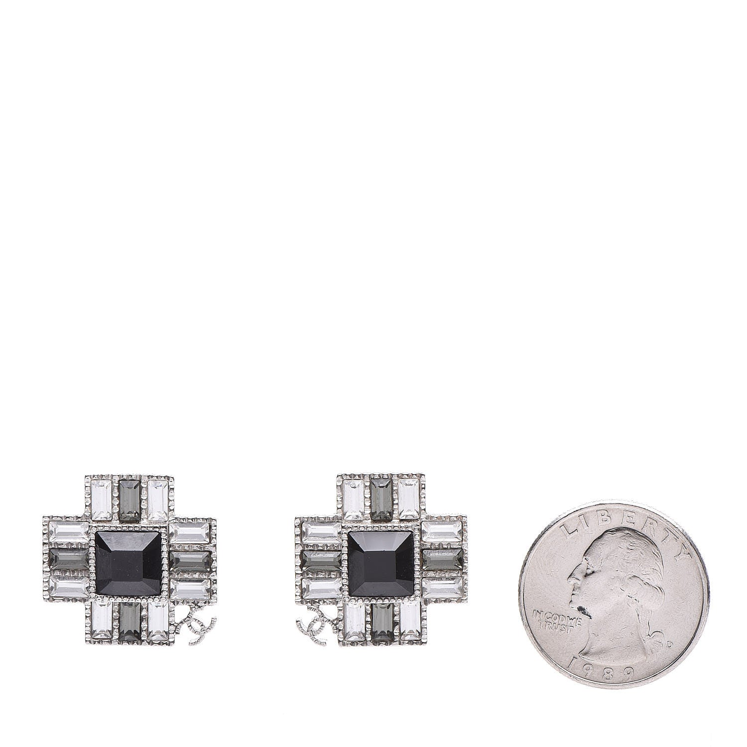Chanel Baguette Crystal CC Earrings Silver Black 2 of 6