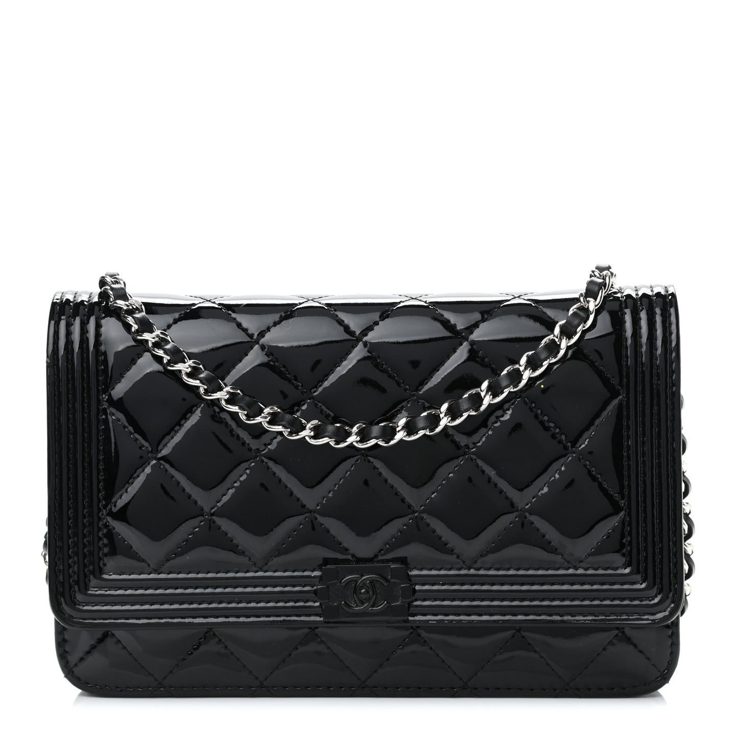 Patent Calfskin Quilted Boy Wallet On Chain WOC Black