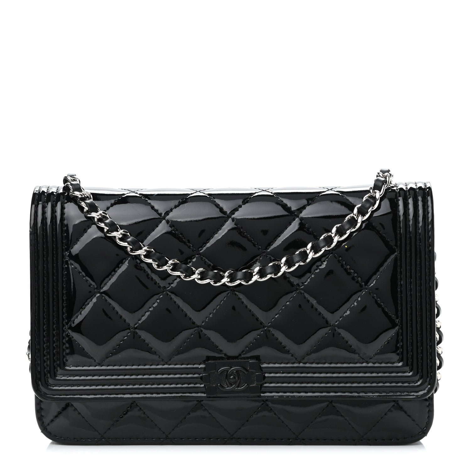 Chanel Patent Calfskin Quilted Boy Wallet On Chain WOC Black 1 of 12