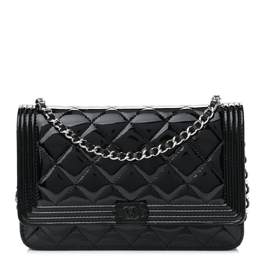 Patent Calfskin Quilted Boy Wallet On Chain WOC Black