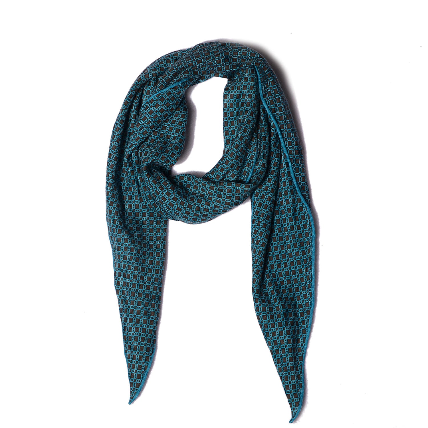 Hermes Mens Cashmere Silk Modern Chain Losange MM Imprime Scarf Kaki Turquoise 1 of 6