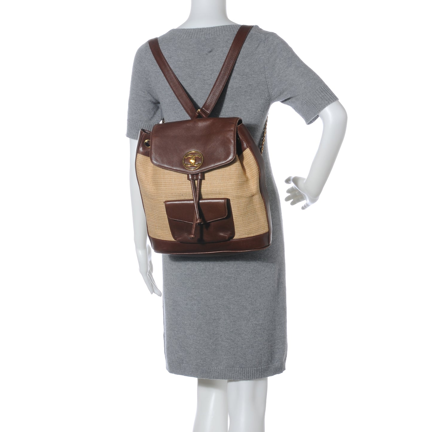 Leather Straw Backpack Brown