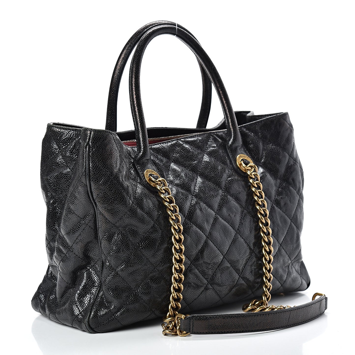 Crumpled Grained Calfskin Quilted CC Crave Tote Black