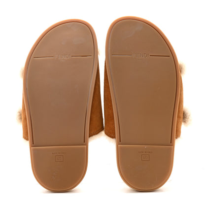 Fendi Suede Shearling Fendi Feel Buckled Slide Sandals 40 Beige Latte 6 of 10