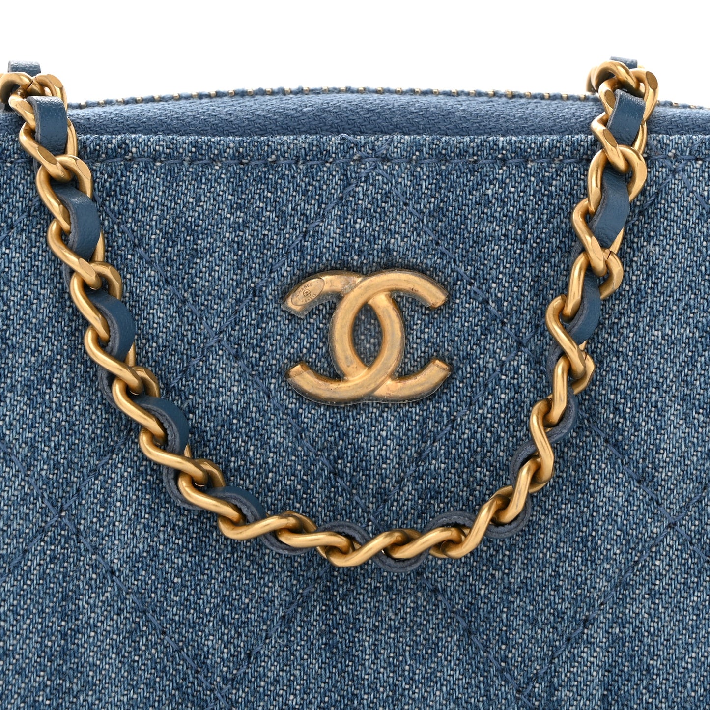 Denim Quilted CC Pearl Crush Zip Card Holder On Chain Blue