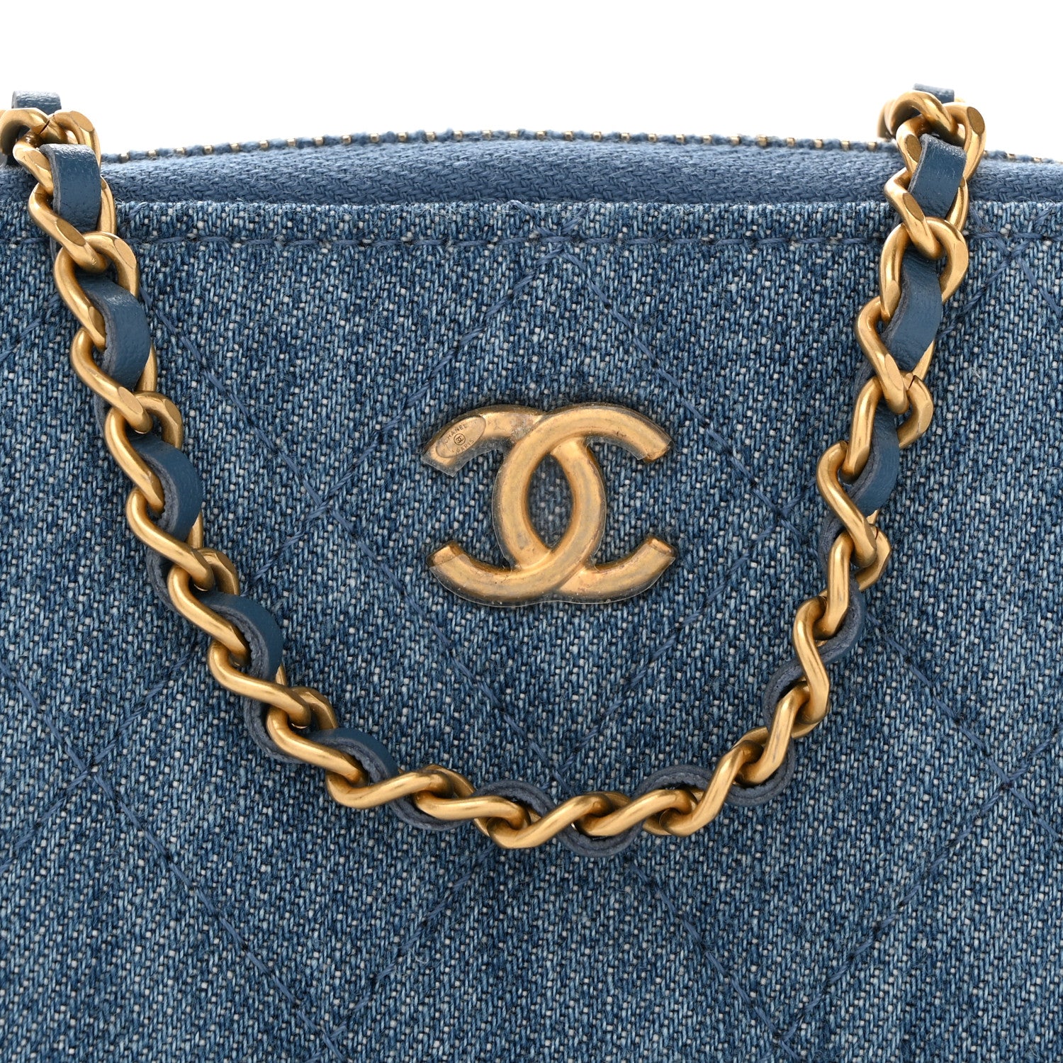 Chanel Denim Quilted CC Pearl Crush Zip Card Holder On Chain Blue 8 of 10