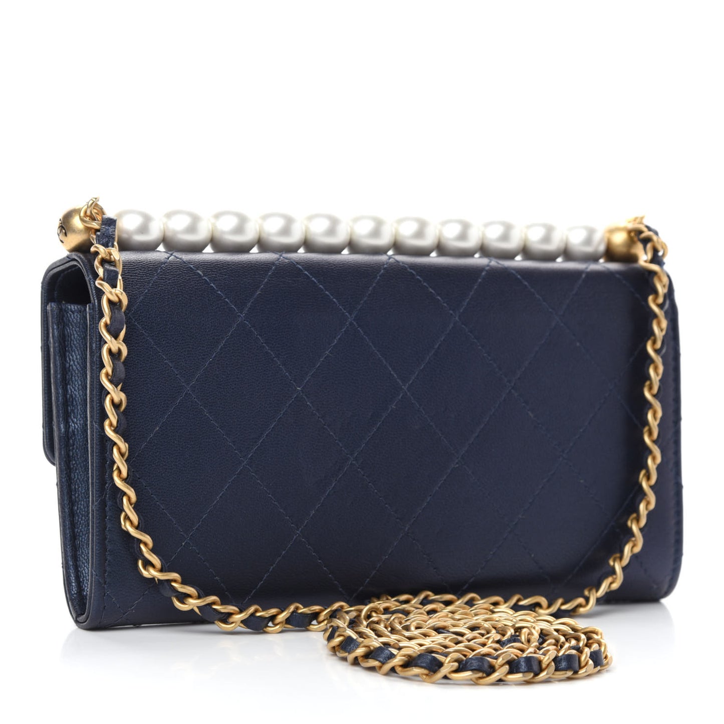 Iridescent Lambskin Quilted Chic Pearls Clutch With Chain Blue
