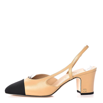 Chanel Goatskin Grosgrain Cap Toe CC Slingback Pumps 37.5 Beige Black 1 of 10