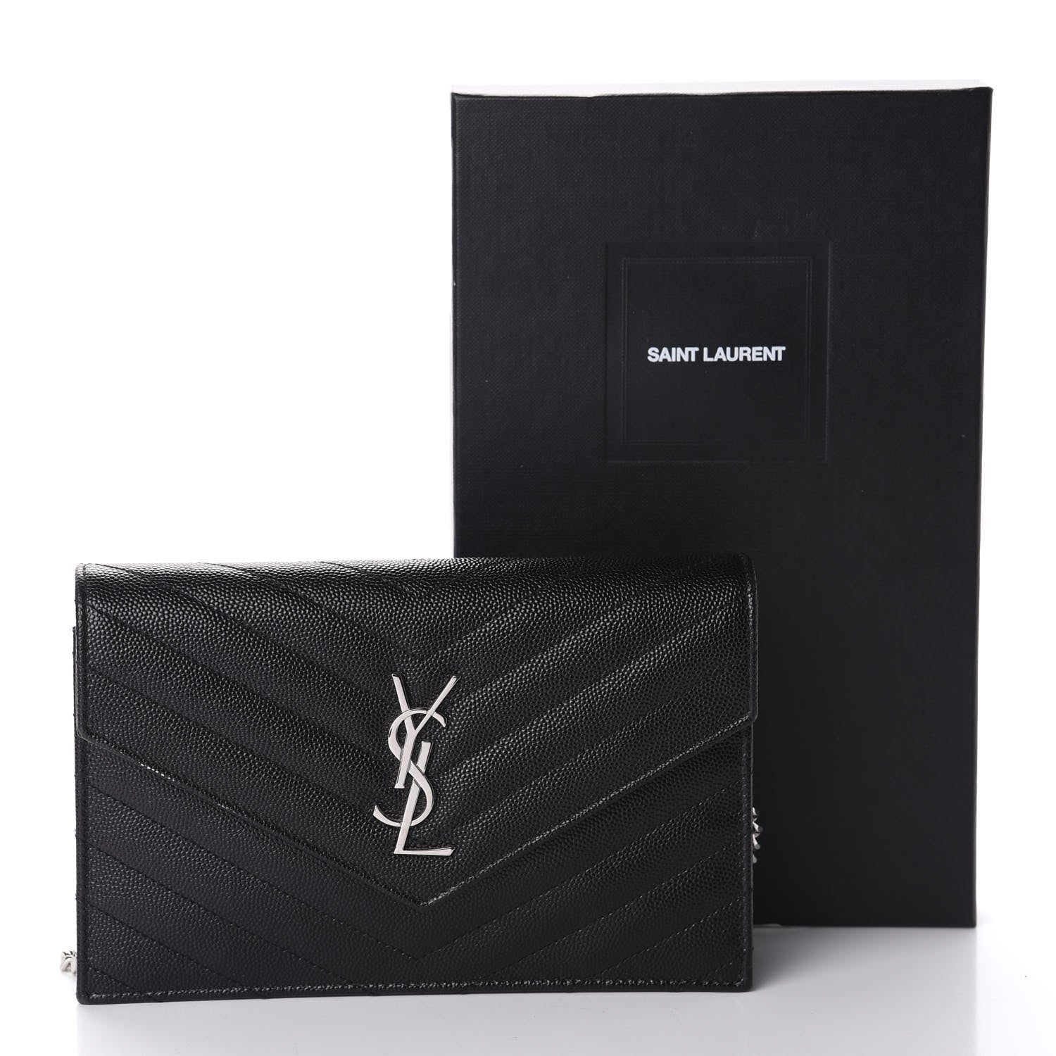 Saint Laurent Grain De Poudre Matelasse Chevron Monogram Envelope Chain Wallet Black 11 of 11