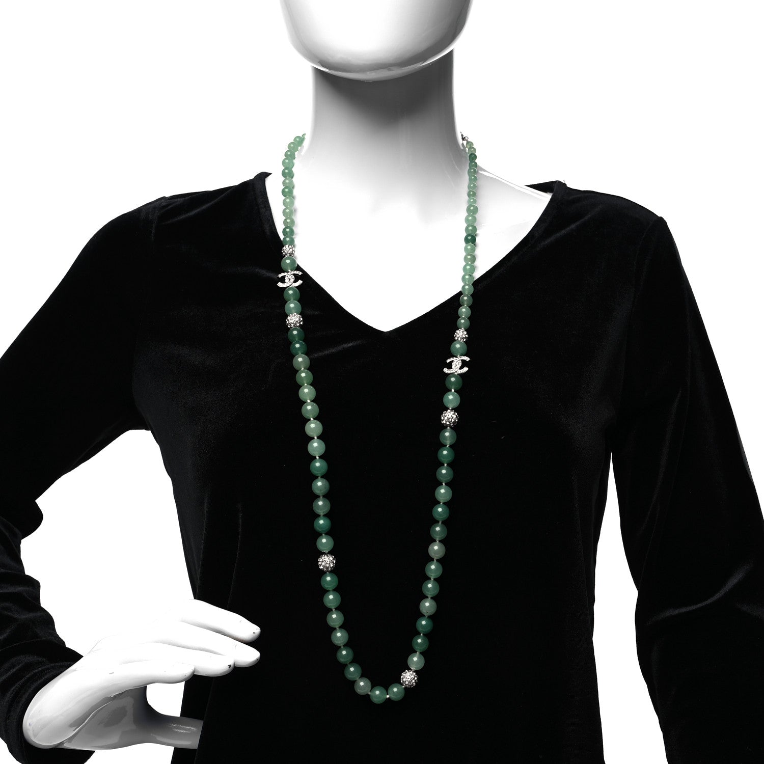Chanel Crystal Jade CC Long Necklace Silver 2 of 5