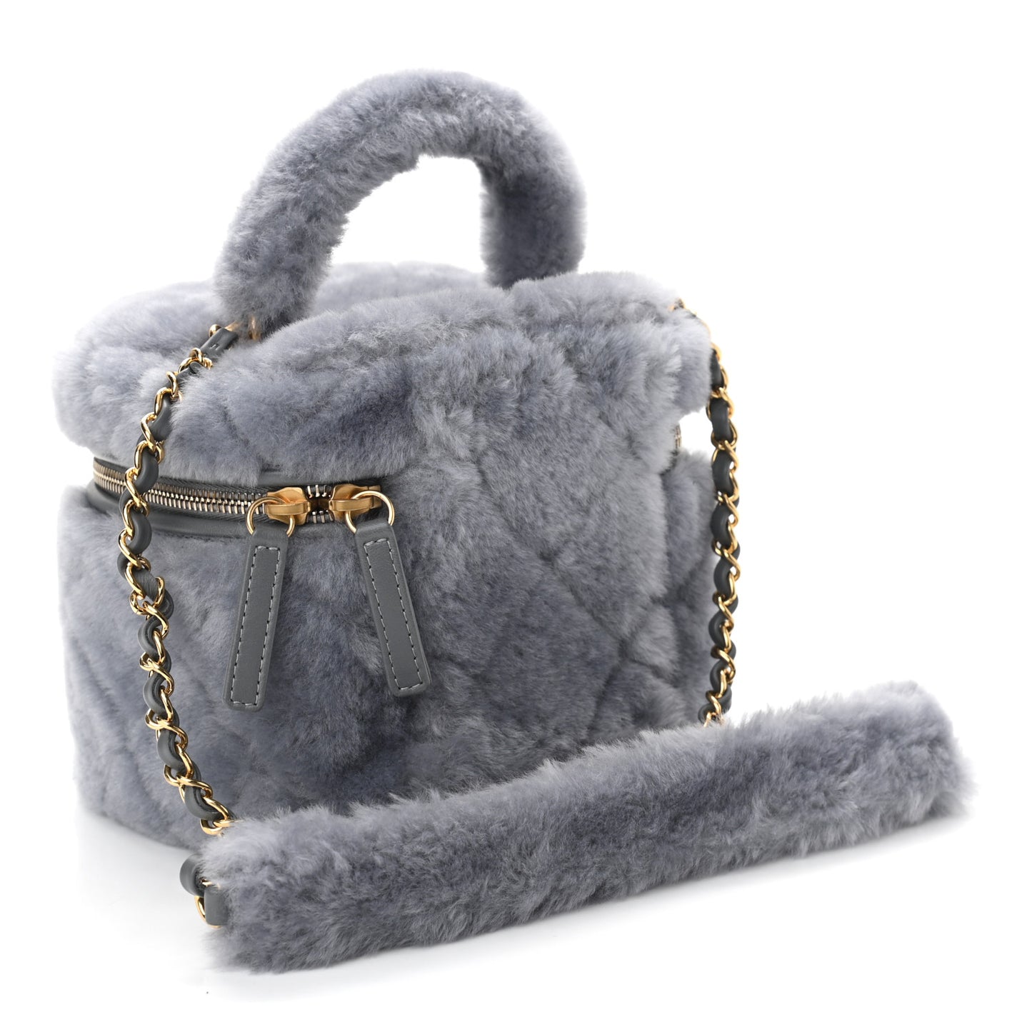 Shearling Lambskin Quilted Small Vanity Case Grey